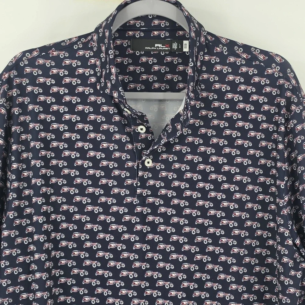 RLX Ralph Lauren Polo Shirt Blue Classic Car AOP Print Golf Performance Men's L